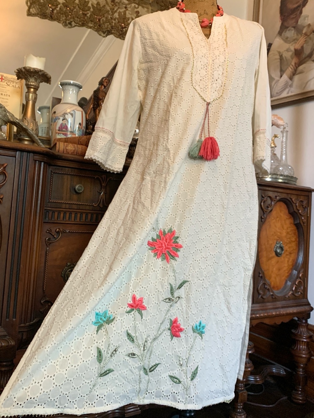 Vintage Cotton Eyelet Boho Hippie Floral Embroidered Tunic Kurti Dress Nightgown